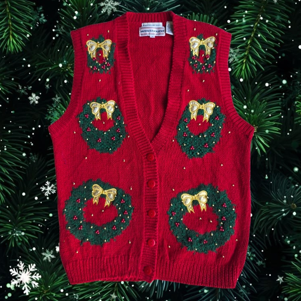 Westbound Christmas Sweater Vest Size S Red Embroidered Beaded Christmas Wreath